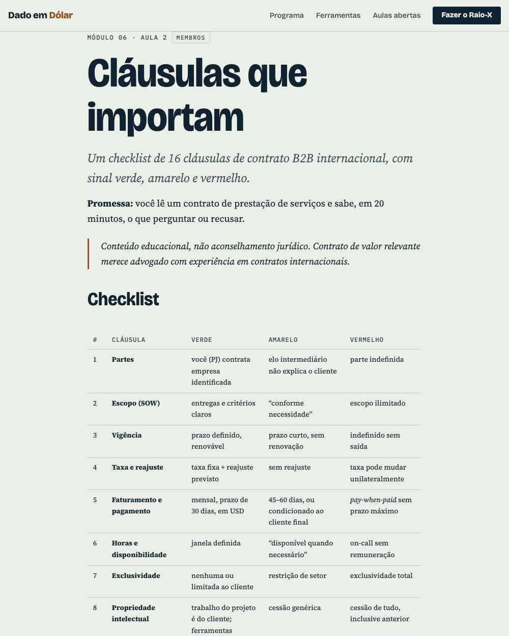 Aula 6.2 com a tabela de 16 cláusulas de contrato